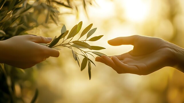 A hand extending a branch of olive leaves to another hand, intricate and detailed clipart style, soft neutral tones with a warm golden glow, human rights day concept