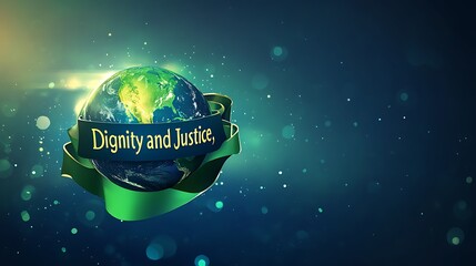 A globe wrapped in a ribbon that reads "Dignity and Justice," modern clipart with sharp edges, bright blue and green tones, subtle gradient background, human rights day concept