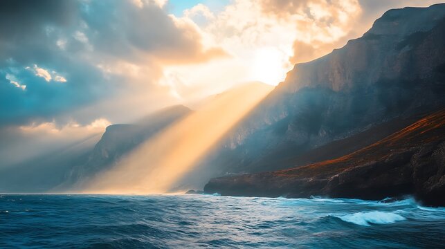 Sunbeams breaking through clouds over a mountain coastline with a rolling sea