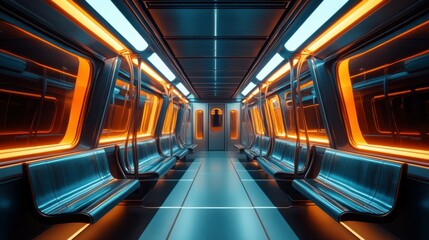 Obraz premium futuristic interior of a subway train with warm lighting, sleek metallic design, blue and orange tones, symmetrical perspective, cinematic atmosphere