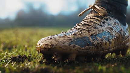 Close-up of a muddy soccer cleat after a game, showcasing the intensity of the match. The dirt clings to the shoe, telling a story of hard work and dedication.