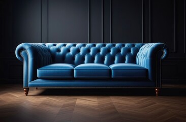 Luxurious deep blue Chesterfield sofa with button tufting, rolled arms, and nailhead trim, set against a dark, sophisticated wall backdrop with herringbone wood flooring