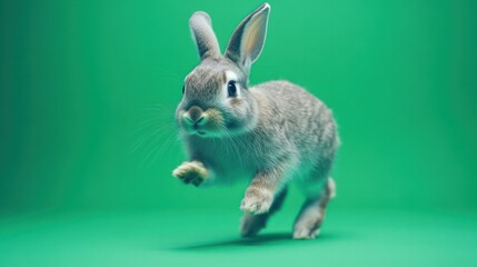 Obraz premium A rabbit hopping playfully in a cozy setup, framed by a bold green screen for interactive storytelling