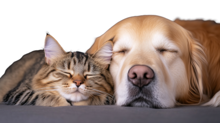 Adorable sleeping cat and dog duo on transparent background