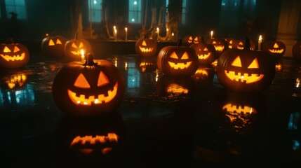 Group of glowing jack-o-lanterns in a dark room, candles inside flickering, spooky and festive Halloween atmosphere