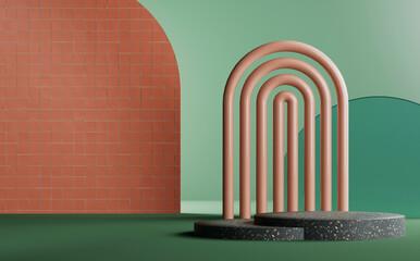 Design elements create a minimalistic interior featuring arches and geometric shapes in soft colors