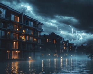 Stormy night with lightning over city buildings.
