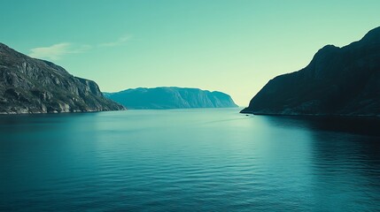 Naklejka premium A high vantage point view of a mountain fjord meeting a serene blue sea