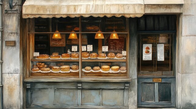 A charming old-world bakery displays a tempting array of freshly baked goods in its window. Warm lighting illuminates the pastries, creating a cozy atmosphere.