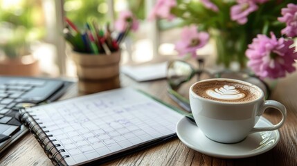 A cup of latte art coffee sits on a wooden desk next to a notebook filled with notes, creating a cozy and productive atmosphere.