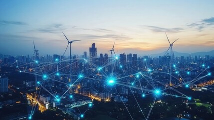 A futuristic cityscape at sunset, illuminated with a network of connections, showcasing wind turbines generating clean energy. A vision of sustainable urban development.