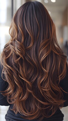 Naklejka premium Hair styling. Portrait of a beautiful girl with luxurious curly long hair. Back view.