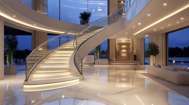 Luxurious villa entrance hall, sleek staircase with glass railings, marble flooring, and minimalist decor in a modern design
