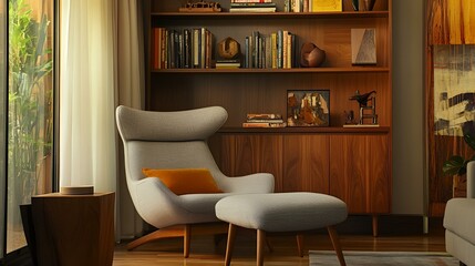 Mid-century modern living room, sleek gray armchair with matching pouf, wooden bookcase, and warm earthy tones for a cozy ambiance
