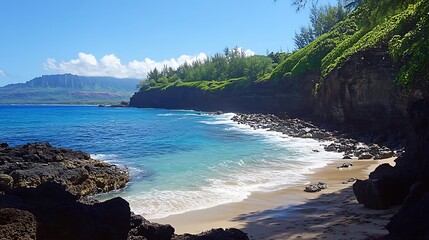 A sandy cove sheltered by rocky cliffs with small waves lapping the shore