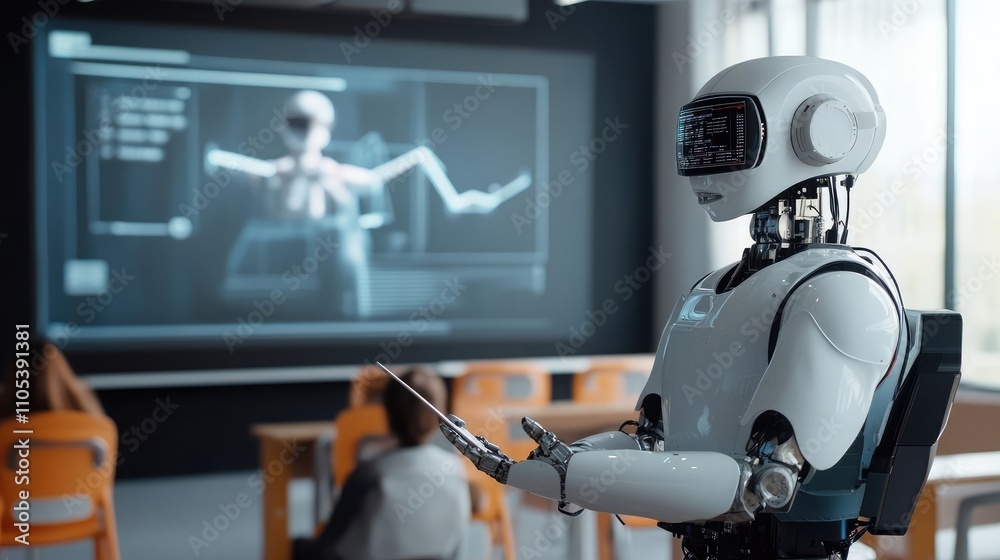 Poster a humanoid robot teacher interacts with students in a classroom setting. the robot holds a tablet, s