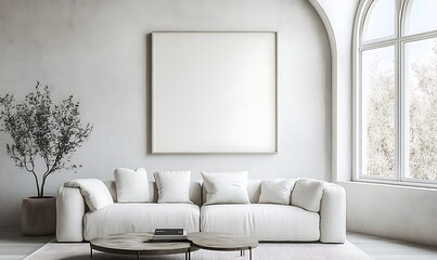 Festive living room with decorated Christmas tree, cozy beige sofa, and holiday wreath. Empty frames on wall add minimalist touch to seasonal decor, Generative Ai
