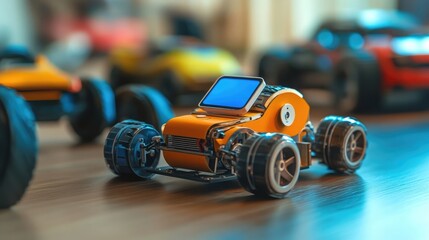Close-up of a small, orange toy car with a blue screen on a wooden surface.  Other toy cars are blurred in the background.