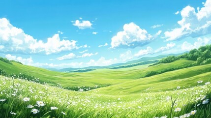 Naklejka premium Rolling green hills with scattered wildflowers under a bright blue sky