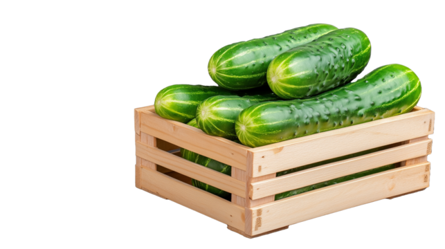Fresh Cucumbers in Wooden Crate with Transparent Background