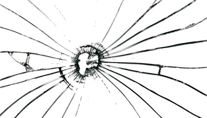 Shattered glass with radiating cracks and central hole creates dramatic visual effect on transparent background, ideal for compositing and design projects