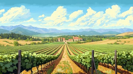 Fototapeta premium Scenic vineyard landscape with rows of grapevines and a distant winery