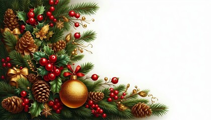 Fototapeta premium A festive Christmas border with pine branches, holly berries, and a golden ornament