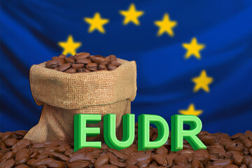 
EUDR in green word on roasted coffee beans with coffee bean sack and EU flag background. Concept for EU Deforestation or EUDR, regulation environmental policy and drinking coffee in European Union.
