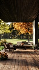 Obraz premium A sunroom with large windows, a wooden floor, and a table in the center of it overlooking a green lawn and trees