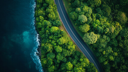 Aerial view of a winding road along a lush green landscape beside a calm blue ocean during a sunny day