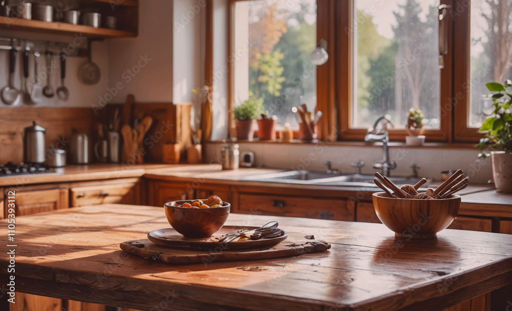 Aufkleber wooden table with two bowls on it. one bowl is full of food and the other is empty