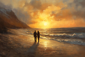 Naklejka premium A couple strolling on a sandy beach at sunset, with gentle waves in the background. A perfect image for romantic travel or getaway promotions