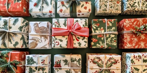 Wide shot of a table covered with wrapped gift boxes, each one with a different holiday-themed design, ready to be given to friends and family.