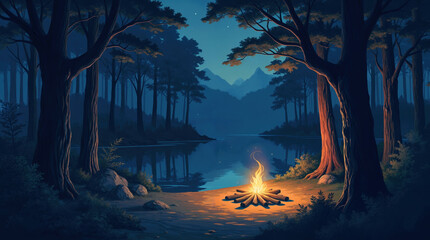 Tranquil Lakeside Campfire Scene at Night with Mountains, Illuminated Forest and Starry Sky, Peaceful Wilderness Landscape with Glowing Campfire by Lake