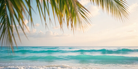 Blurred blue sky and sea with bokeh light and leaves of coconut palm tree Landscape of tropical summer Summer vacation concept. Creative banner. Copy space image