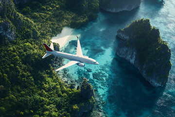 Fototapeta premium A sleek airplane soaring over a tropical island with vibrant greenery and clear blue waters. Perfect for travel ads and vacation planning themes