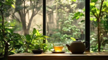 A teapot and herbal drink served aesthetically, framed by a serene green environment for relaxation