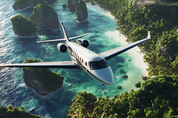 Fototapeta premium A sleek airplane soaring over a tropical island with vibrant greenery and clear blue waters. Perfect for travel ads and vacation planning themes