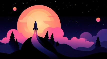 Fototapeta premium A silhouette rocket launching against a vibrant moonlit sky with stars and clouds