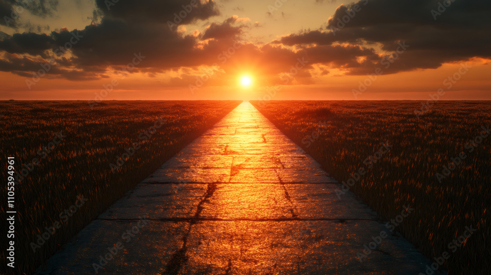 Aufkleber stone path leading through wheat field towards setting sun, evoking a warm and inviting atmosphere