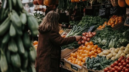 Woman shopping fresh produce at a vibrant farmers market.