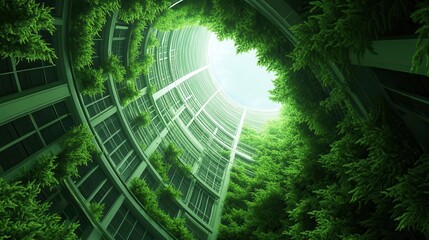 A lush, green vertical garden within a modern building's atrium illuminated by bright light