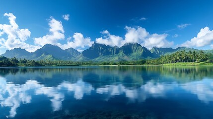 A panoramic view of a mountain range reflected in the calm waters of a bay