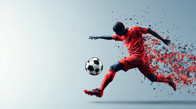 Fototapeta Low poly soccer player hits the ball in motion. Polygonal footballer. Abstract polygonal blue football player. Thin line