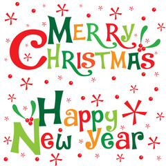 merry christmas and happy new year text for christmas card, gift bag or box design