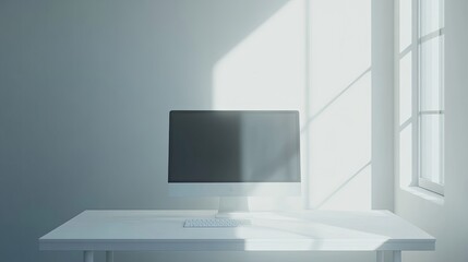 Fototapeta premium A minimalist workspace featuring a desktop computer bathed in soft sunlight streaming through a nearby window. The scene evokes a feeling of calm productivity.