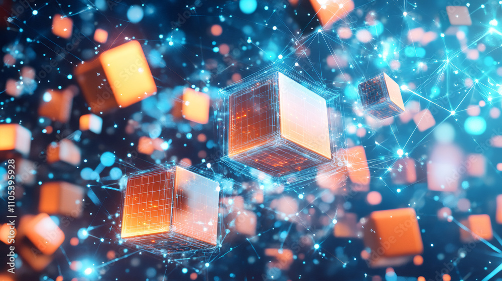 Poster Glowing cubes representing blockchain technology connect in a digital network, symbolizing secure data transactions and futuristic innovation