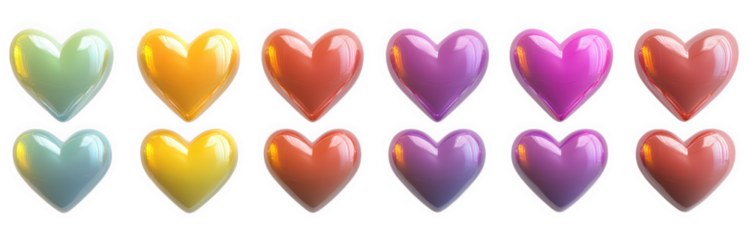 a row of twelve glossy. heart-shaped objects in various colors including blue. green. yellow. orange. red. pink. and purple. on a transparent background