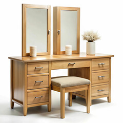 A modern bedroom setup featuring wooden furniture, including a sleek vanity