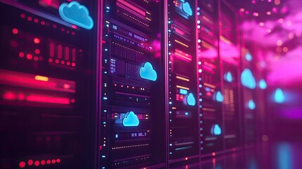 Vibrant pink and blue hues illuminate a server room, showcasing rows of powerful servers and glowing cloud icons, symbolizing the power of cloud computing.